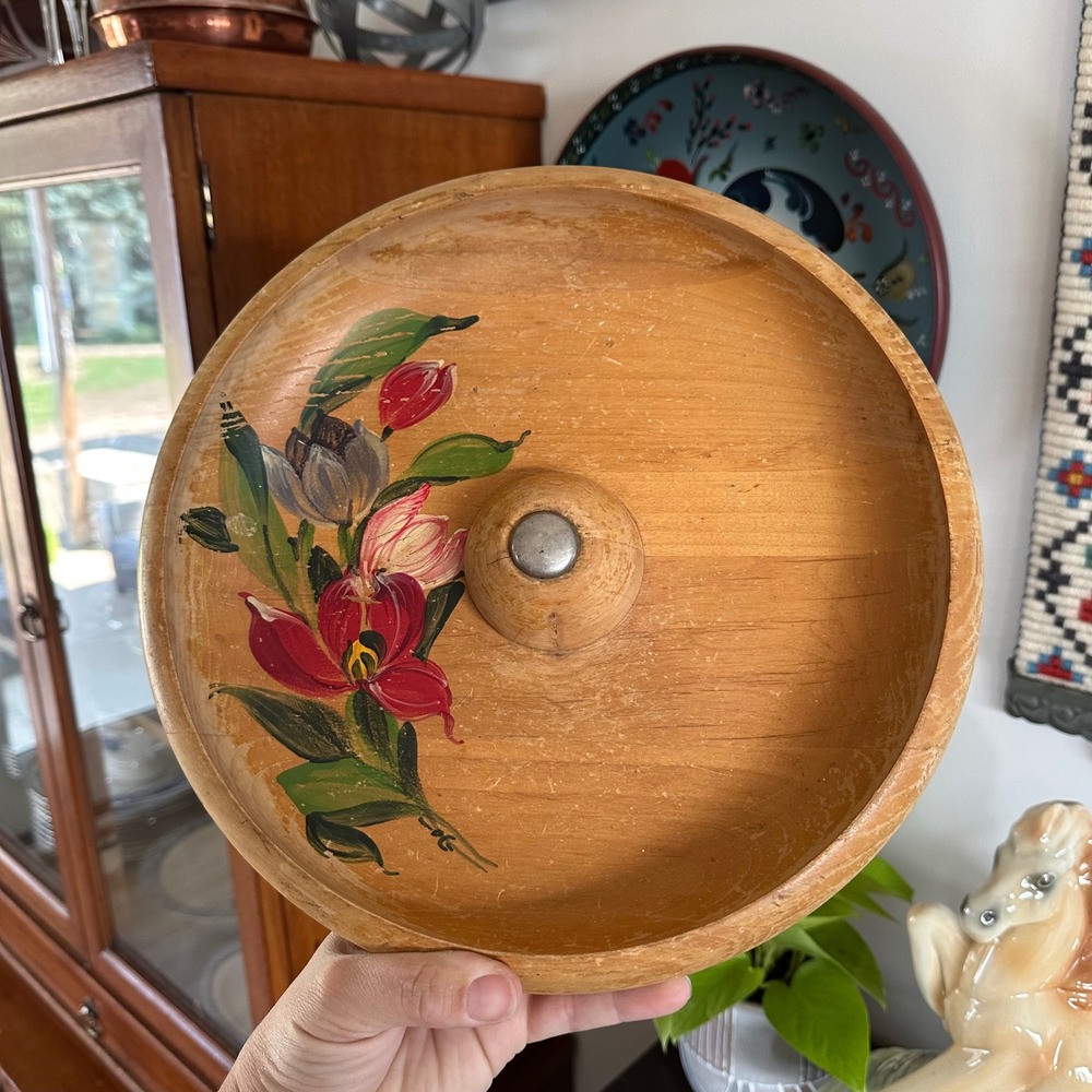 Vintage Hand Painted Wooden Footed Nut Bowl Canada Floral Folk Art 11" Farmhouse